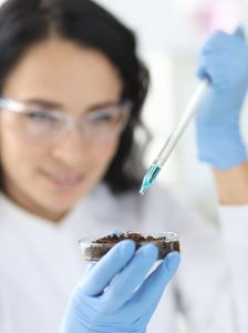 Female scientist dripping liquid from pipette into petri dish with soil